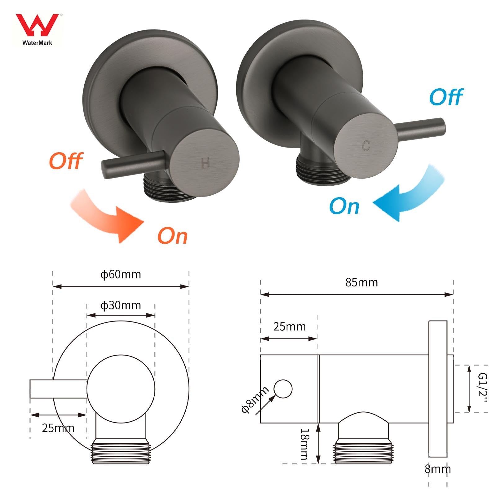 Gun Metal Grey Washing Machine 1/4 Turn Hot Cold Water Mixer Tap Set Watermark V1233-KPL401GM