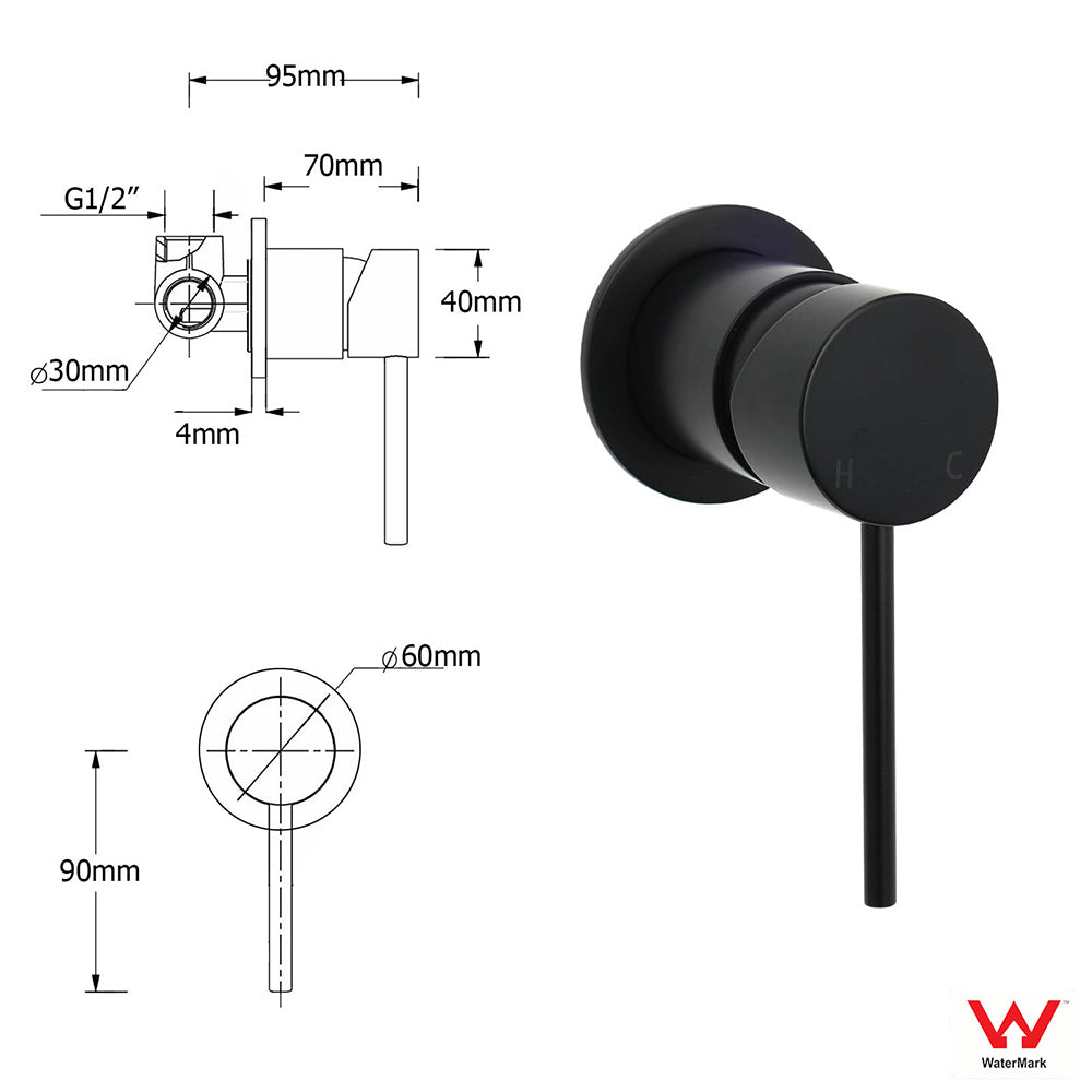 Watermark Matt Black Round Bath Shower Mixer Valve Hot Cold Water Tap Small Face V1233-KRD201B60