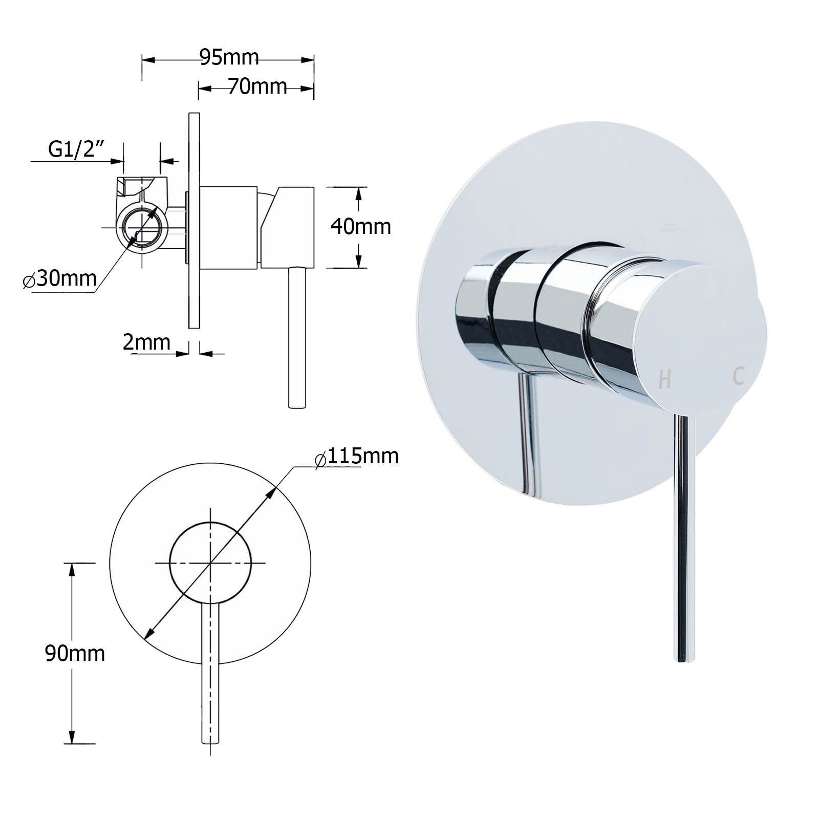 Watermark Round Pin Lever Hot Cold Water Mixer Bathroom Shower Tap Valve Chrome V1233-KRD201CR