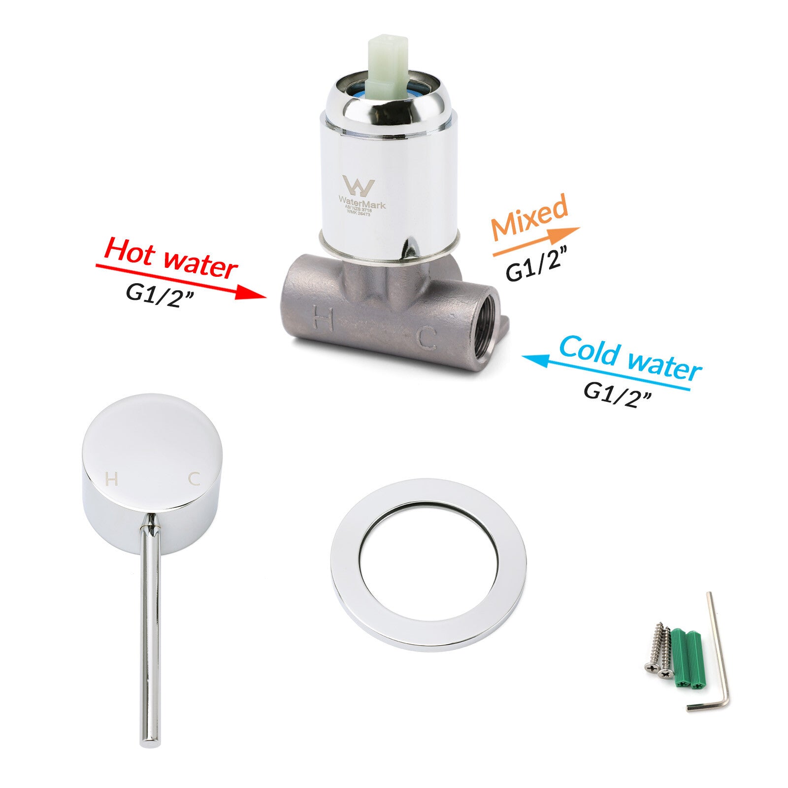 Bathroom Chrome Round Pin Lever Handle Hot Cold Water Tapware Shower Mixer Valve V1233-KRD201CR60