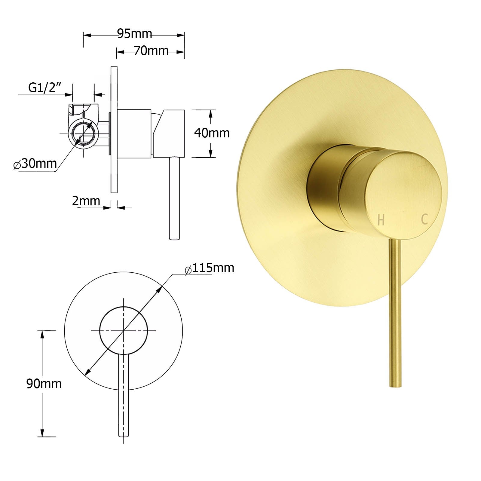 Watermark Brushed Gold Round Bathroom Shower Hot Cold Mixer Ceramic Cartridge OZ V1233-KRD201G