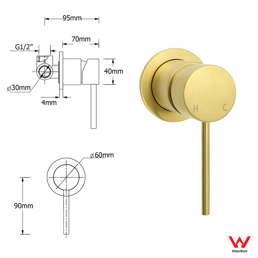 Brushed Gold Round Wall Mounted Shower Mixer Hot Cold Bath Tap Valve Cartridge V1233-KRD201G60