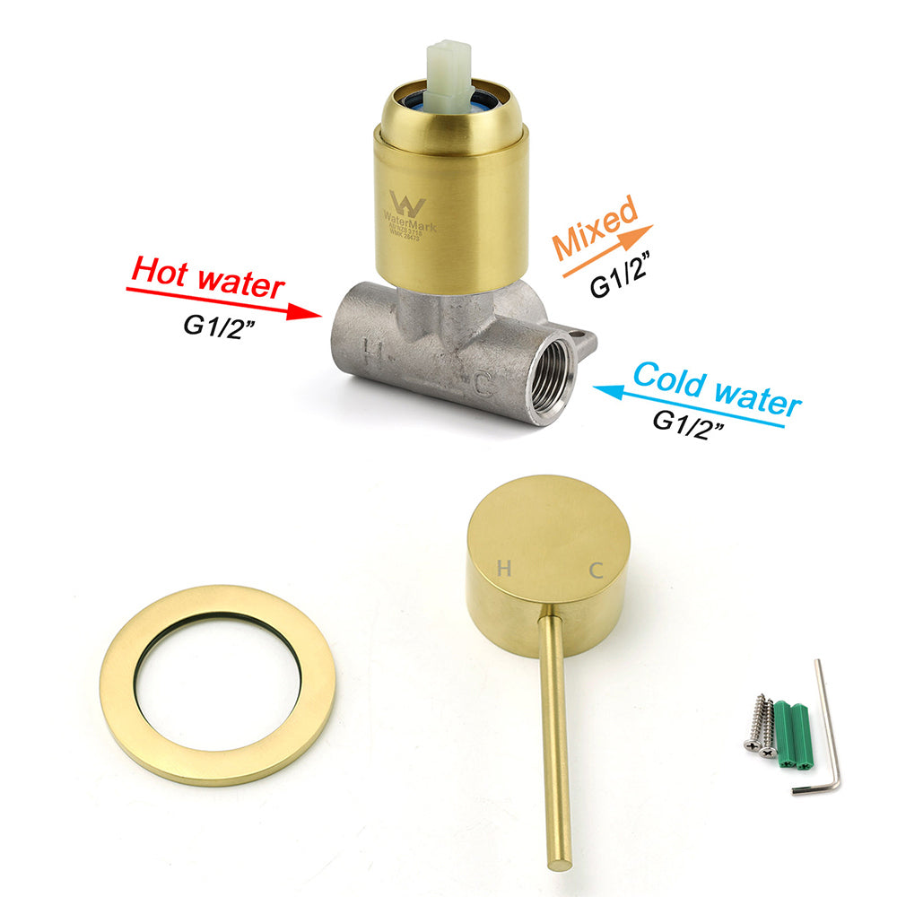 Brushed Gold Round Wall Mounted Shower Mixer Hot Cold Bath Tap Valve Cartridge V1233-KRD201G60