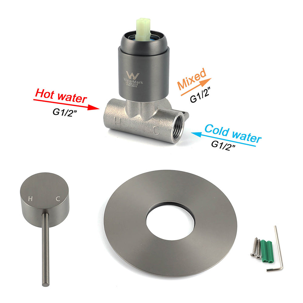 Watermark Gun Metal Grey Round Bathroom Shower Hot Cold Mixer Ceramic Cartridge V1233-KRD201GM