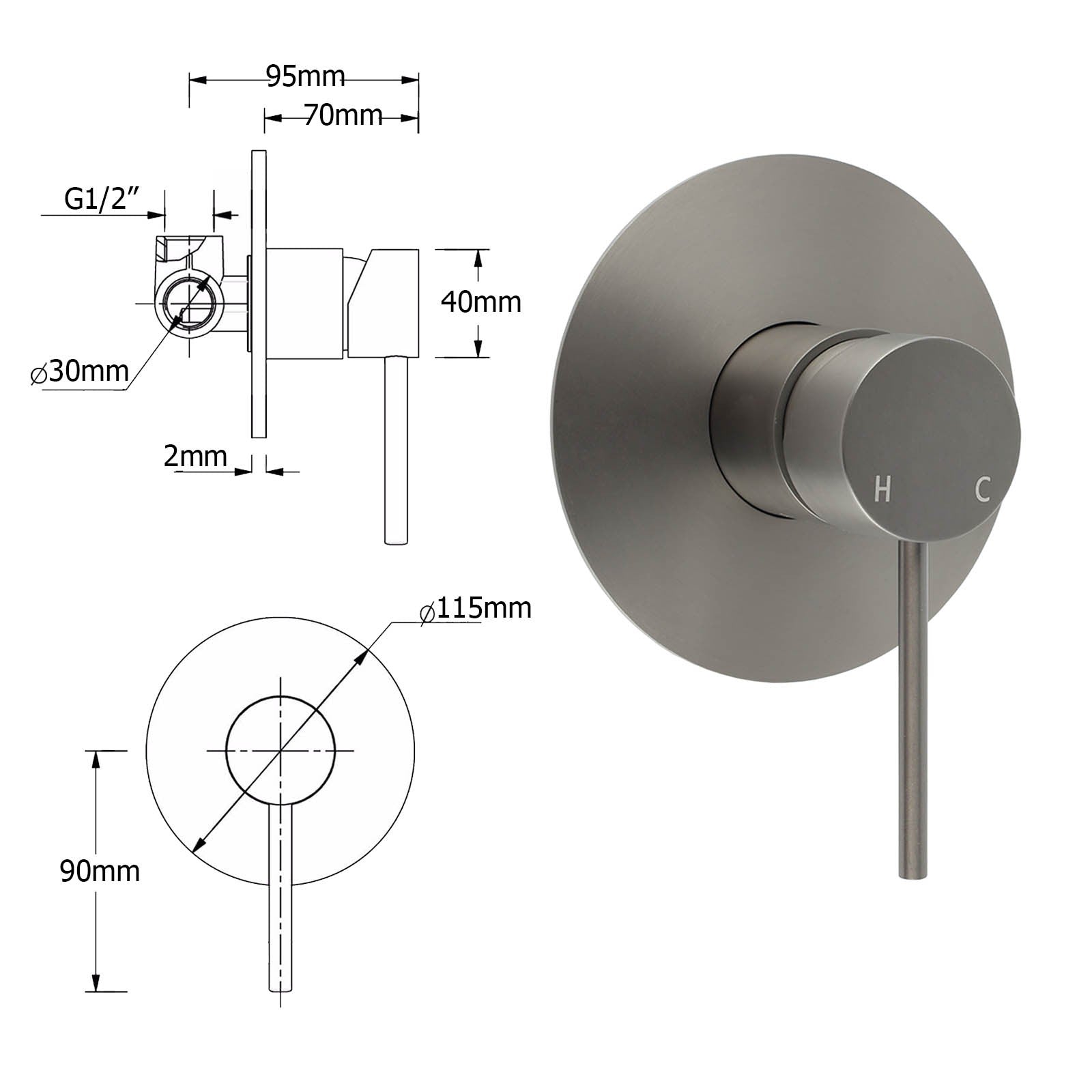 Watermark Gun Metal Grey Round Bathroom Shower Hot Cold Mixer Ceramic Cartridge V1233-KRD201GM