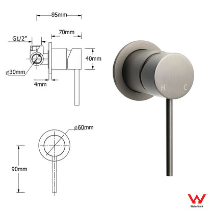 Gun Metal Round Small Face Wall Shower Mixer Hot Cold Bath Tap Valve Cartridge V1233-KRD201GM60