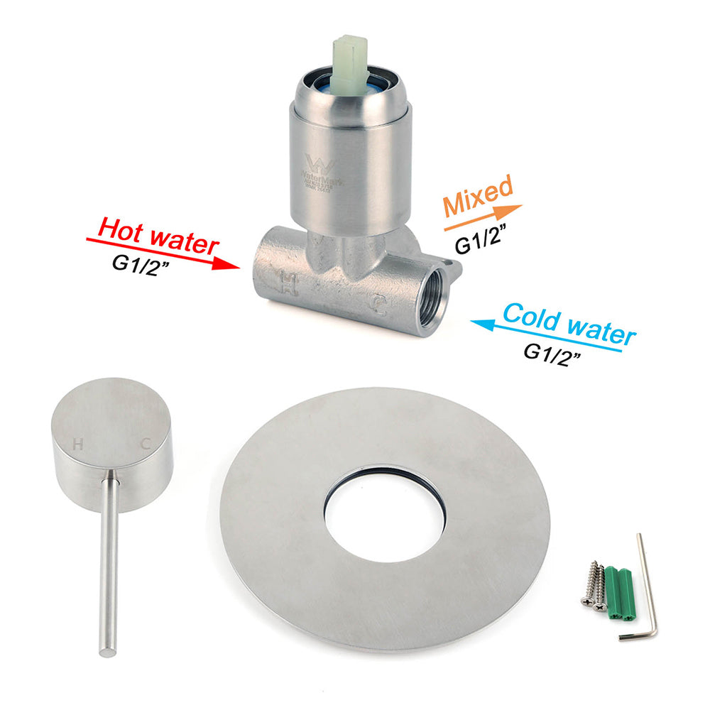 Brushed Nickel Bath Shower Mixer Hot Cold Tap Ceramic Cartridge Spindle Round V1233-KRD201N