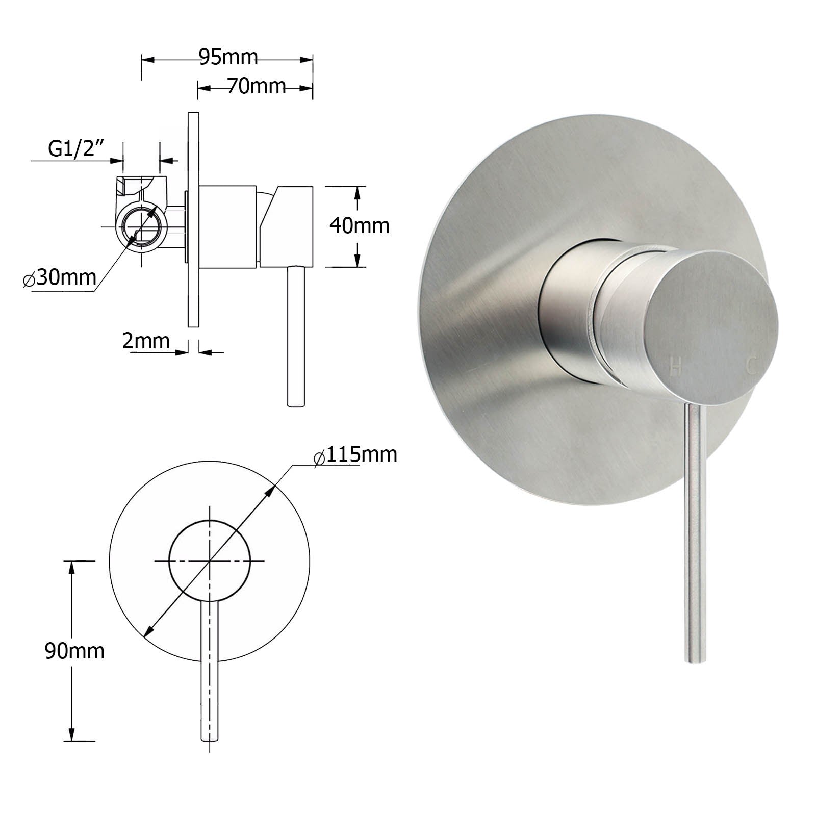 Brushed Nickel Bath Shower Mixer Hot Cold Tap Ceramic Cartridge Spindle Round V1233-KRD201N