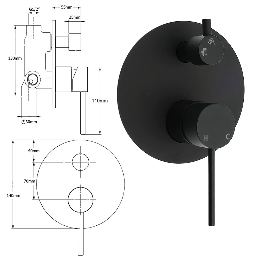 Stainless Steel Black Round Shower Mixer Diverter Lead Free Healthy For Bath Set V1233-KRD202B