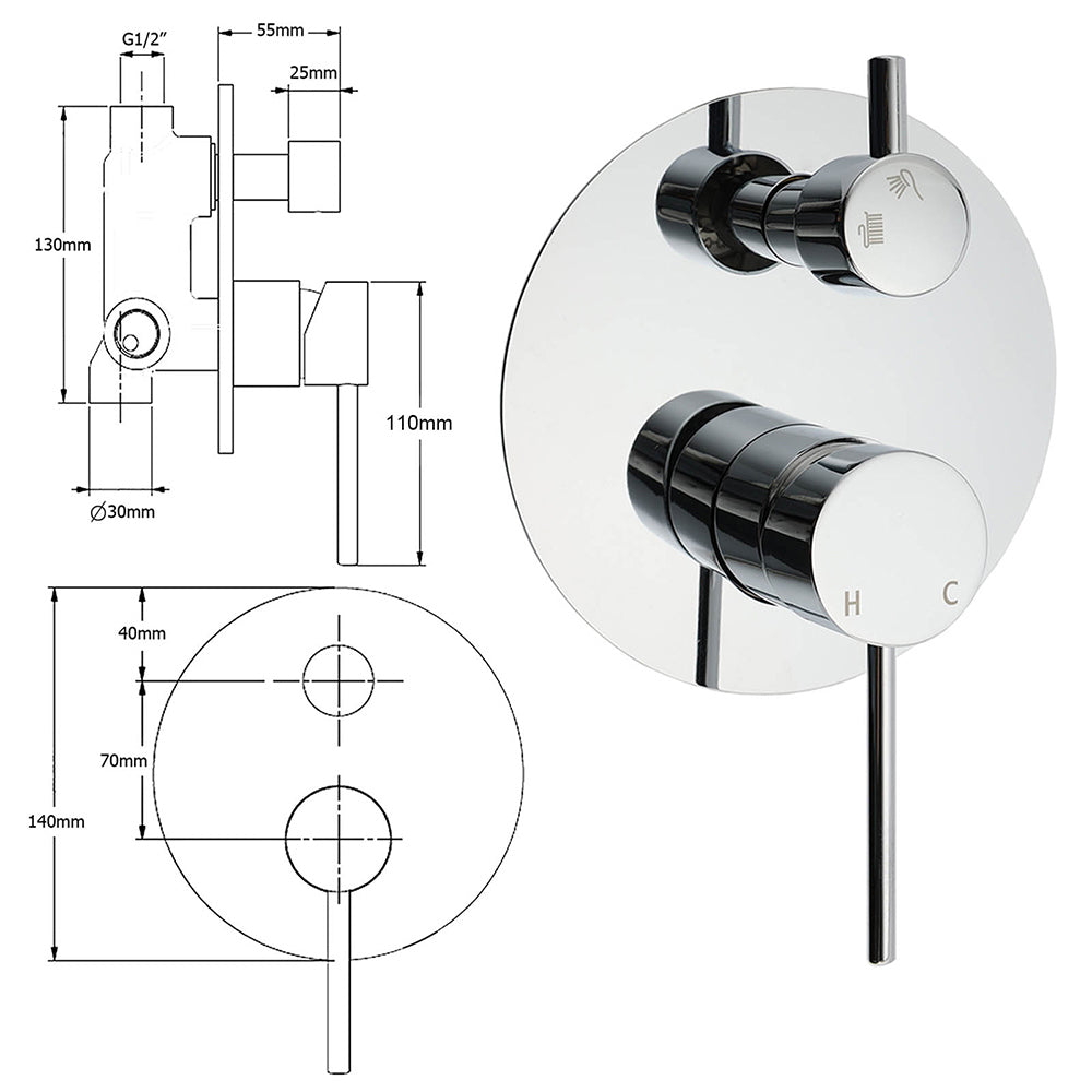 OZ Chrome Round Stainless Steel Shower Mixer 2 Way Switch Diverter For Bath Set V1233-KRD202CR