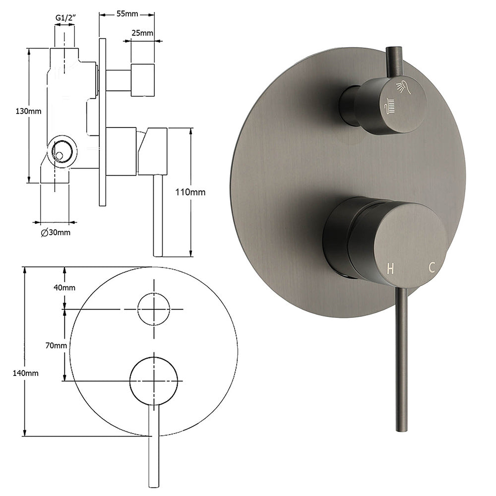 Gun Metal Gray Round Shower Mixer 2 Way Diverter For Bath Twin Shower Watermark V1233-KRD202GM