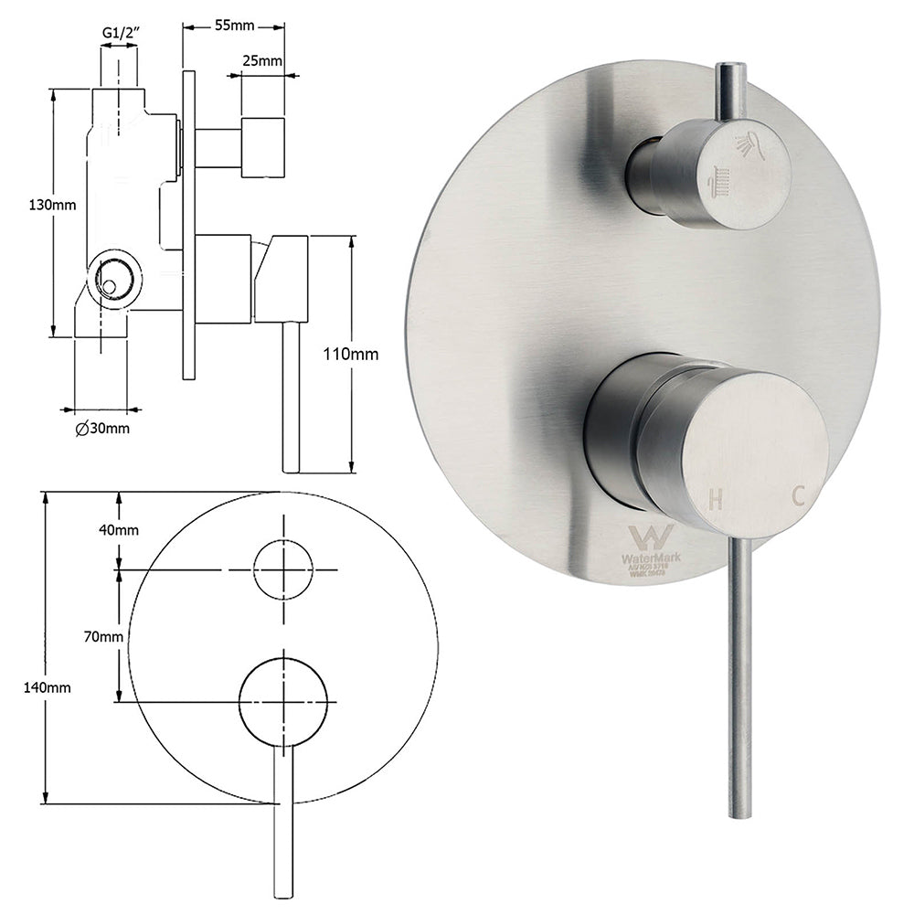 AU Round Stainless Steel Shower Mixer Diverter Brushed Nickel For Bathroom Sets V1233-KRD202N