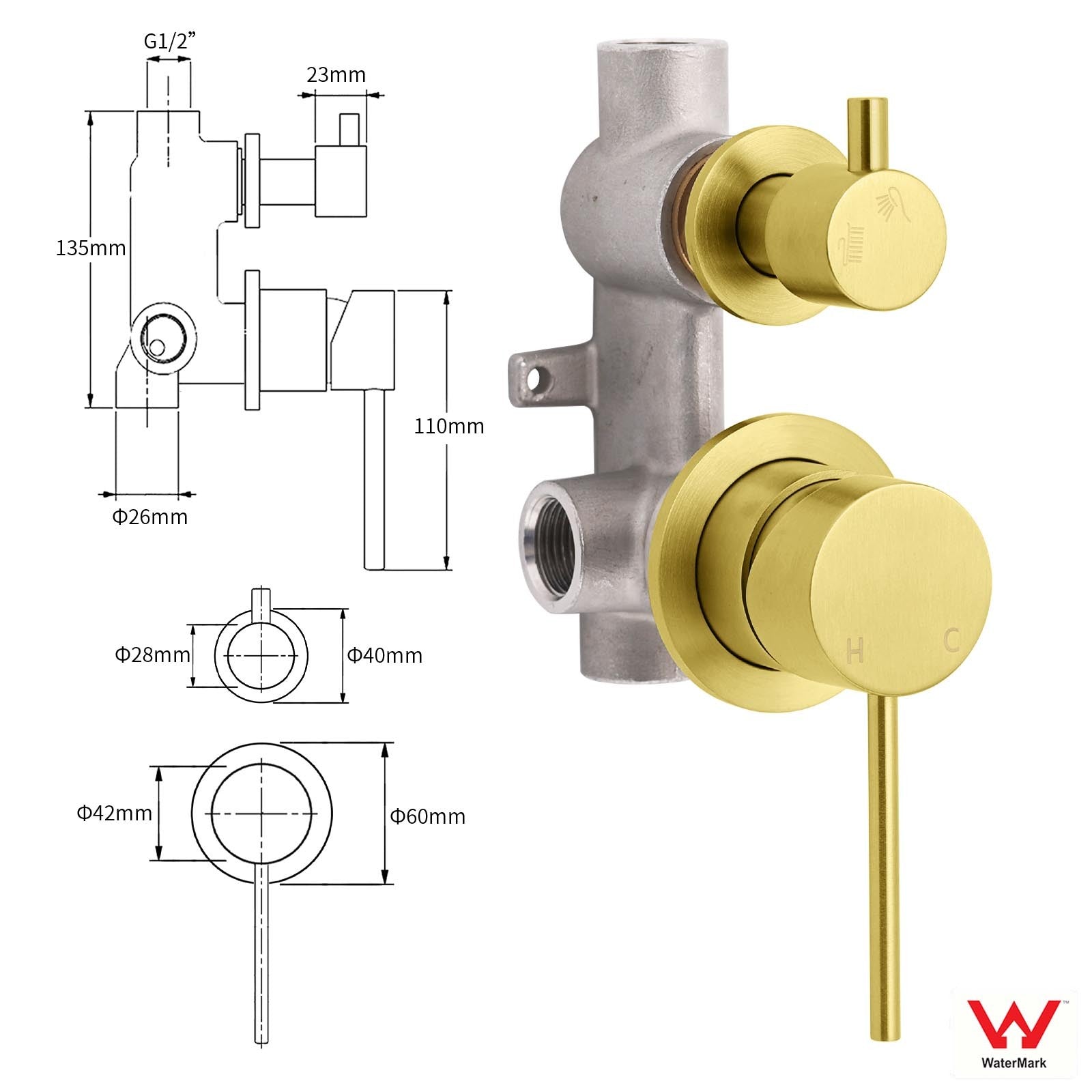 Concealed Round Brushed Gold Wall Shower Mixer 2 Way Diverter Valve For Bathroom V1233-KRD204G