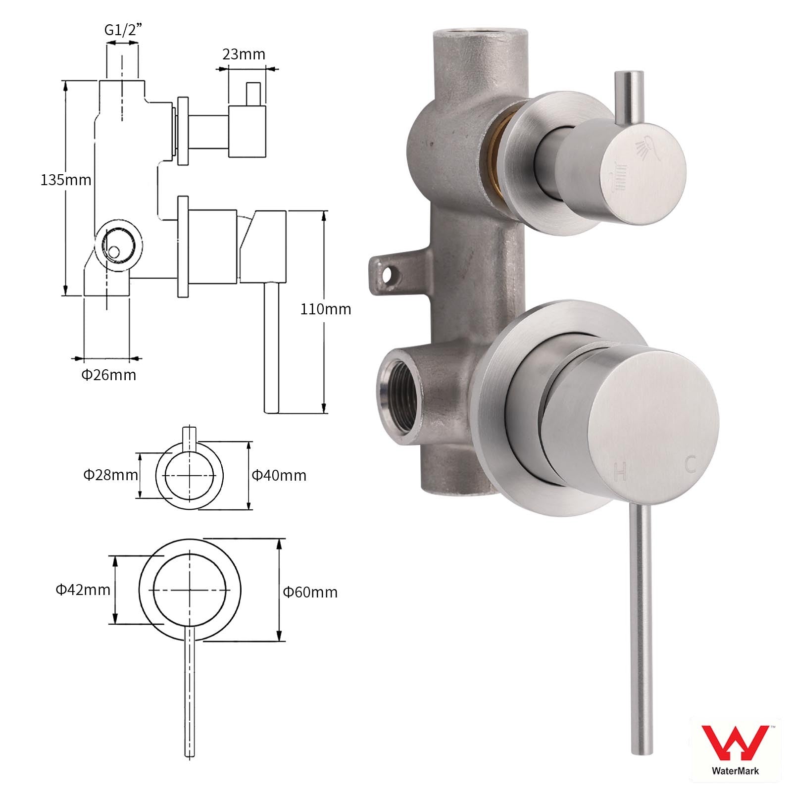Brushed Nickel Round Bathroom Small Face Shower Mixer 2 Way Diverter Switch Set V1233-KRD204N