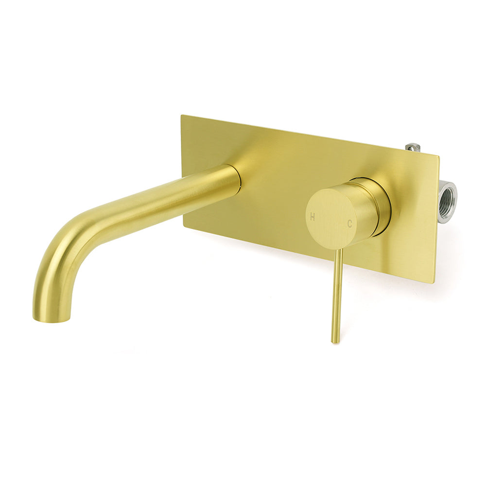 Brushed Gold Round Wall Mounted Basin Mixer Vanity Sink Tap Faucet Curve Spout V1233-KRD301ABG