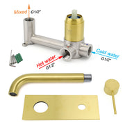 Brushed Gold Round Wall Mounted Basin Mixer Vanity Sink Tap Faucet Curve Spout V1233-KRD301ABG