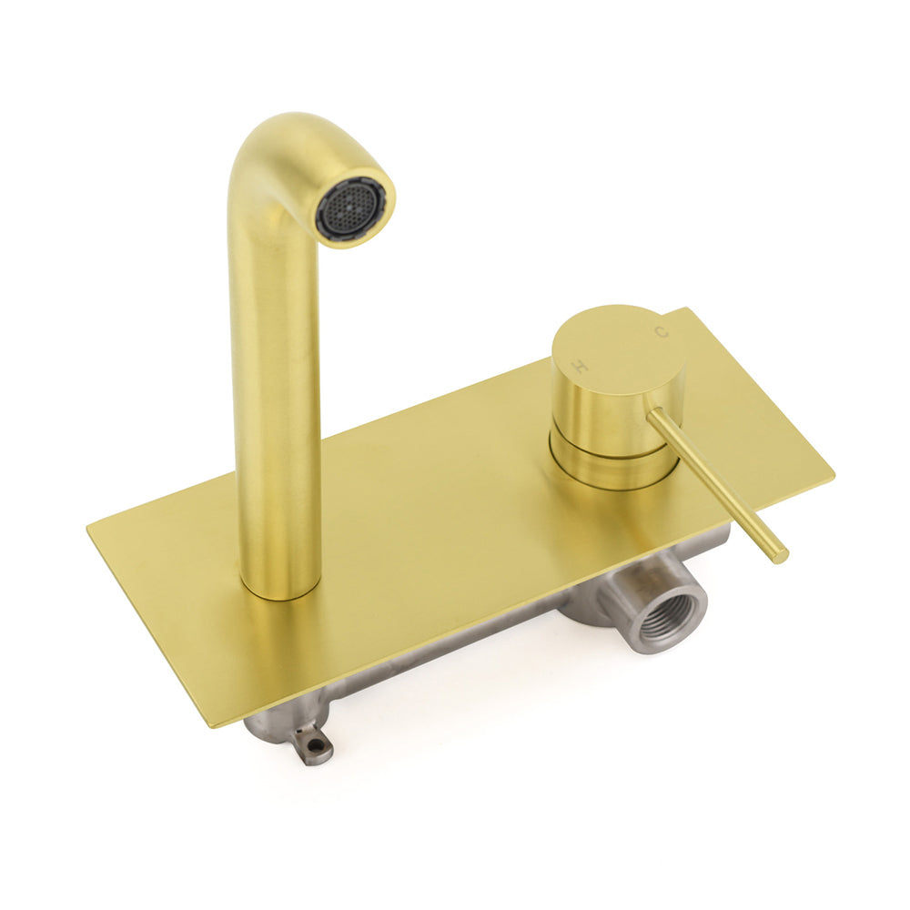WELS Bathroom Round Wall Basin Mixer Vanity Sink Tap Spout Faucet Brushed Gold V1233-KRD301G