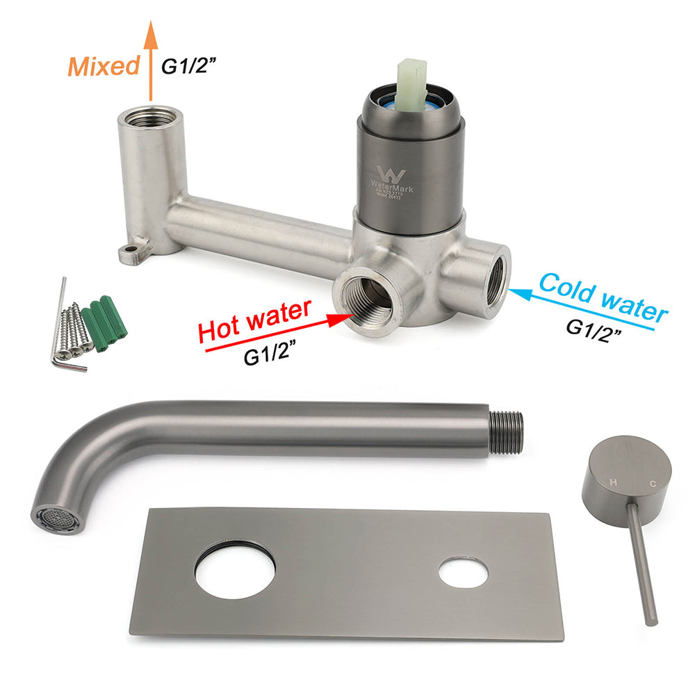 WELS Gun Metal Round Wall Basin Mixer Vanity Sink Tap Hot Cold Faucet Spout V1233-KRD301GM