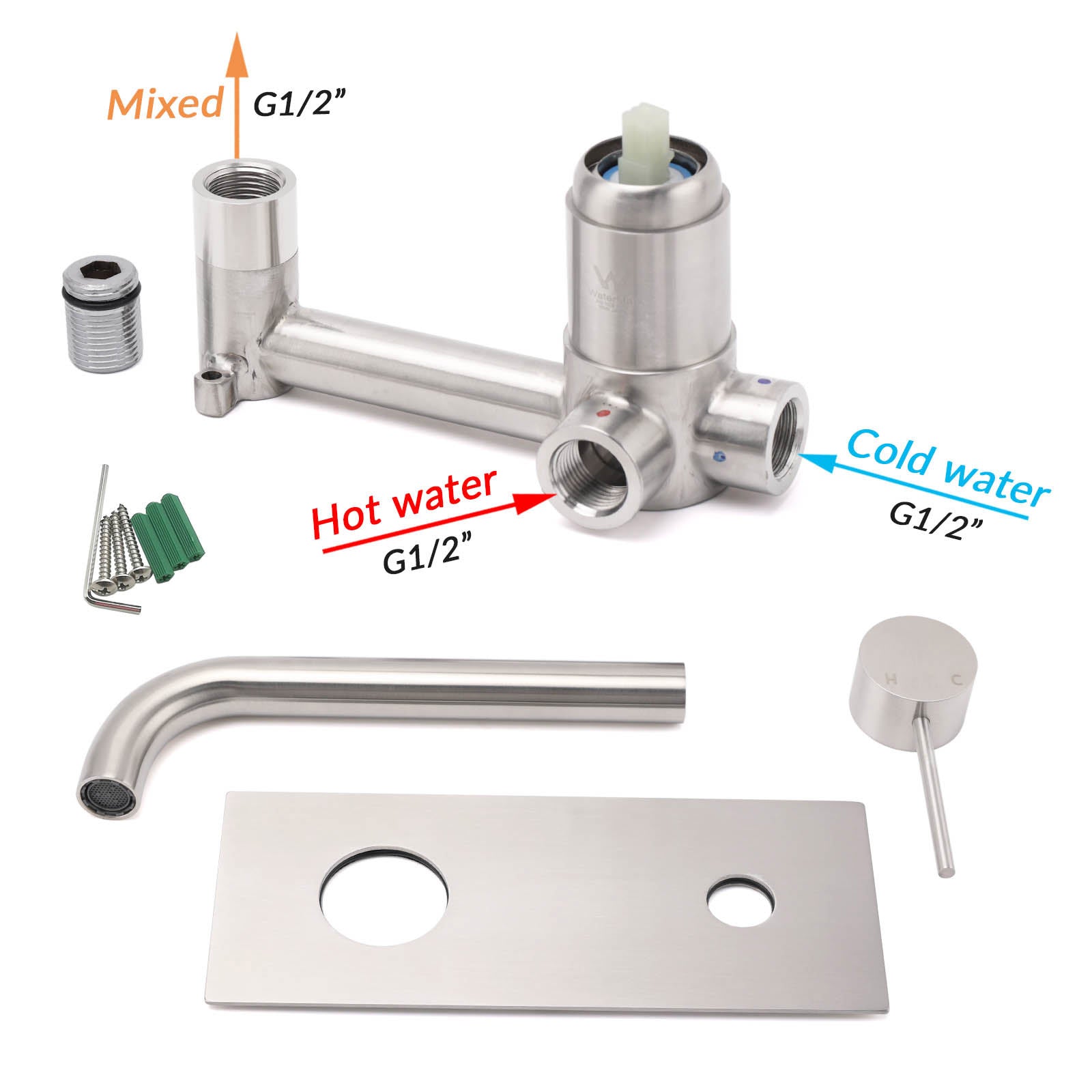 WELS Round Wall Mounted Basin Vanity Mixer Bath Tub Faucet Spout Brushed Nickel V1233-KRD301N