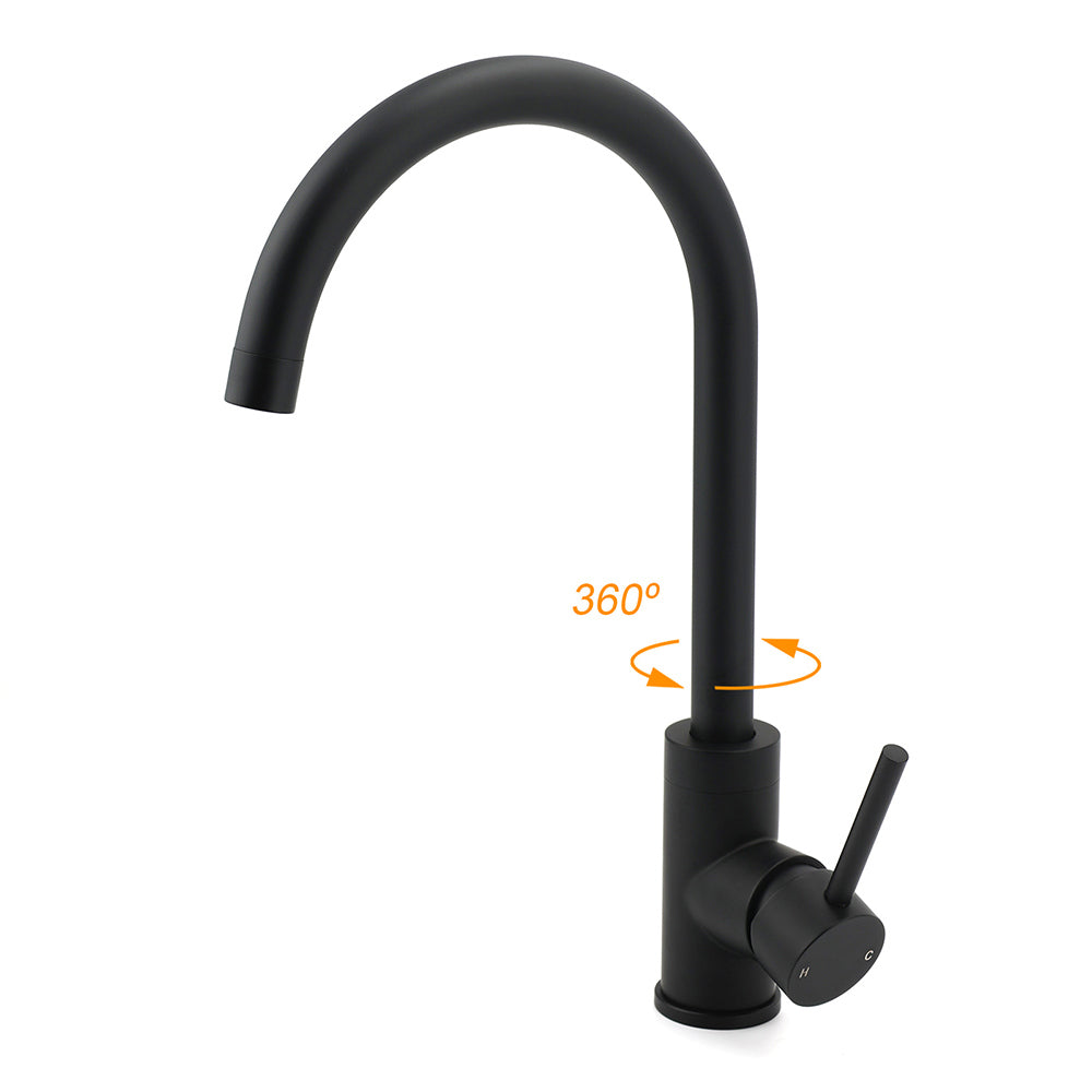 WELS Black Kitchen Sink Mixer Laundry Faucet Tapware 360 degrees Swivel Gooseneck Spout V1233-KRD501B