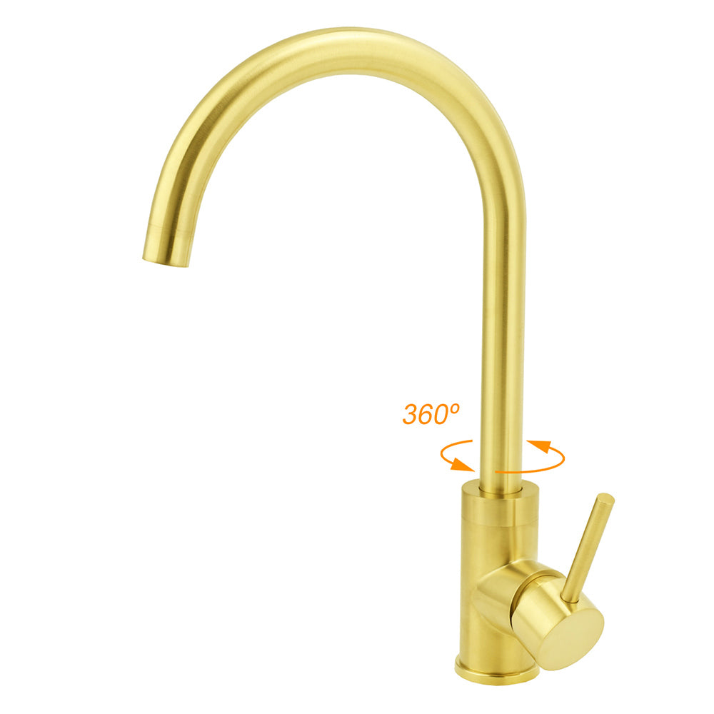 Brushed Gold Round Kitchen Mixer Sink Tap 360 degrees Swivel Laundry Basin Faucet Spout V1233-KRD501G