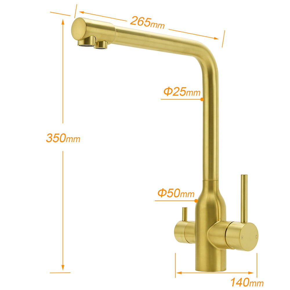 WELS Brushed Gold 3 Ways Kitchen Mixer Tap Swivel Spout Pure Water Sink Faucet Set V1233-KRD511BG
