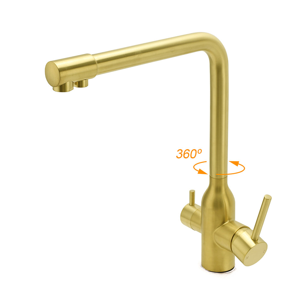 WELS Brushed Gold 3 Ways Kitchen Mixer Tap Swivel Spout Pure Water Sink Faucet Set V1233-KRD511BG