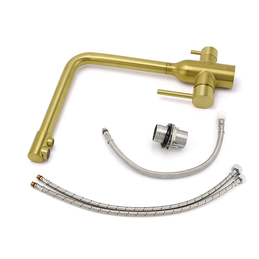 WELS Brushed Gold 3 Ways Kitchen Mixer Tap Swivel Spout Pure Water Sink Faucet Set V1233-KRD511BG
