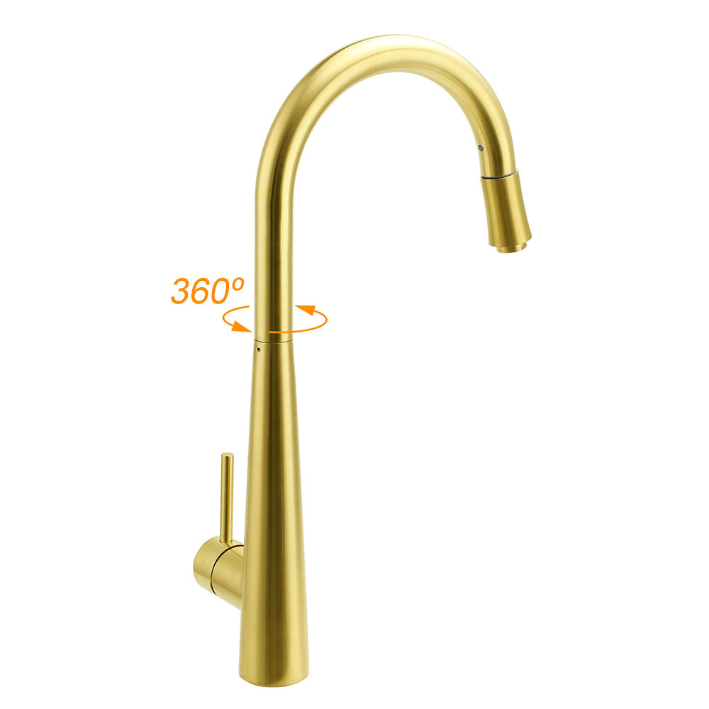 Round Brushed Gold Pull Out Kitchen Sink Tap Basin Mixer Faucet Flexible Spout V1233-KRD515G