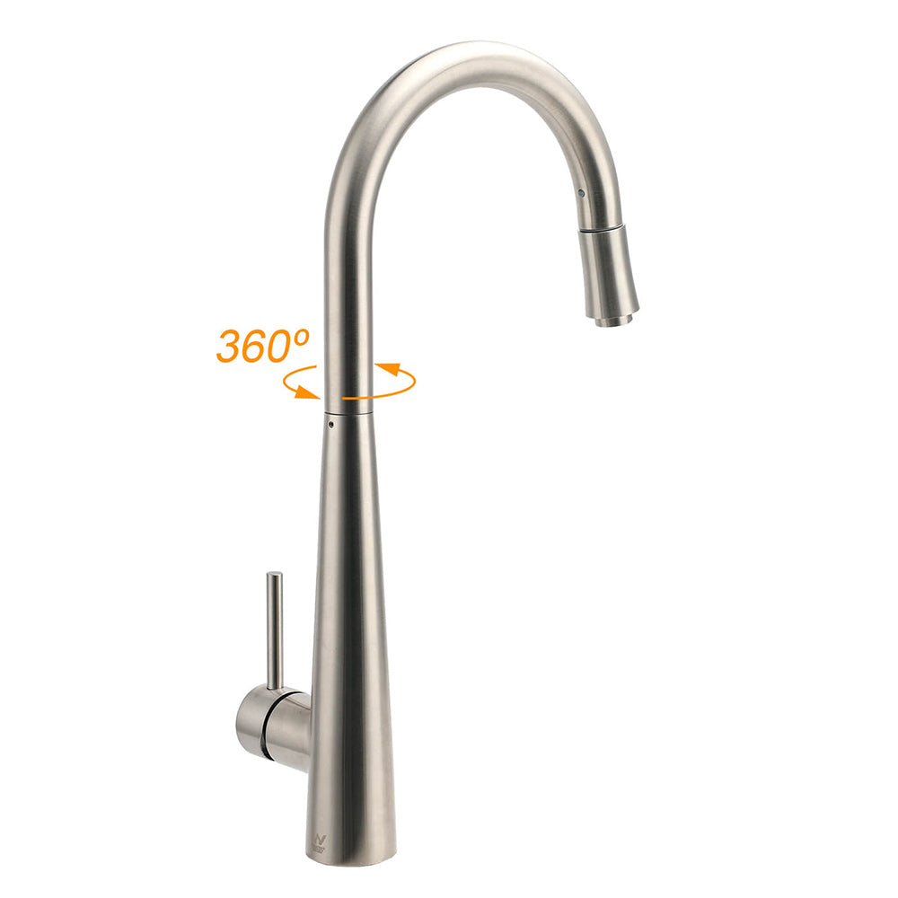 Brushed Nickel Silver Round Pull Out Kitchen Sink Tap Mixer Faucet Spout Outlet V1233-KRD515N
