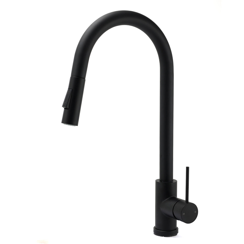 Matt Black Round Pull Out Down Kitchen Sink Tap Laundry Basin Mixer 2 Way Spout V1233-KRD519BL