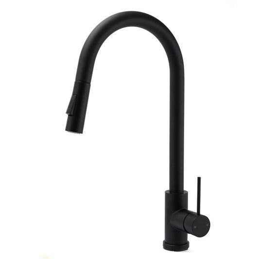 Matt Black Round Pull Out Down Kitchen Sink Tap Laundry Basin Mixer 2 Way Spout V1233-KRD519BL