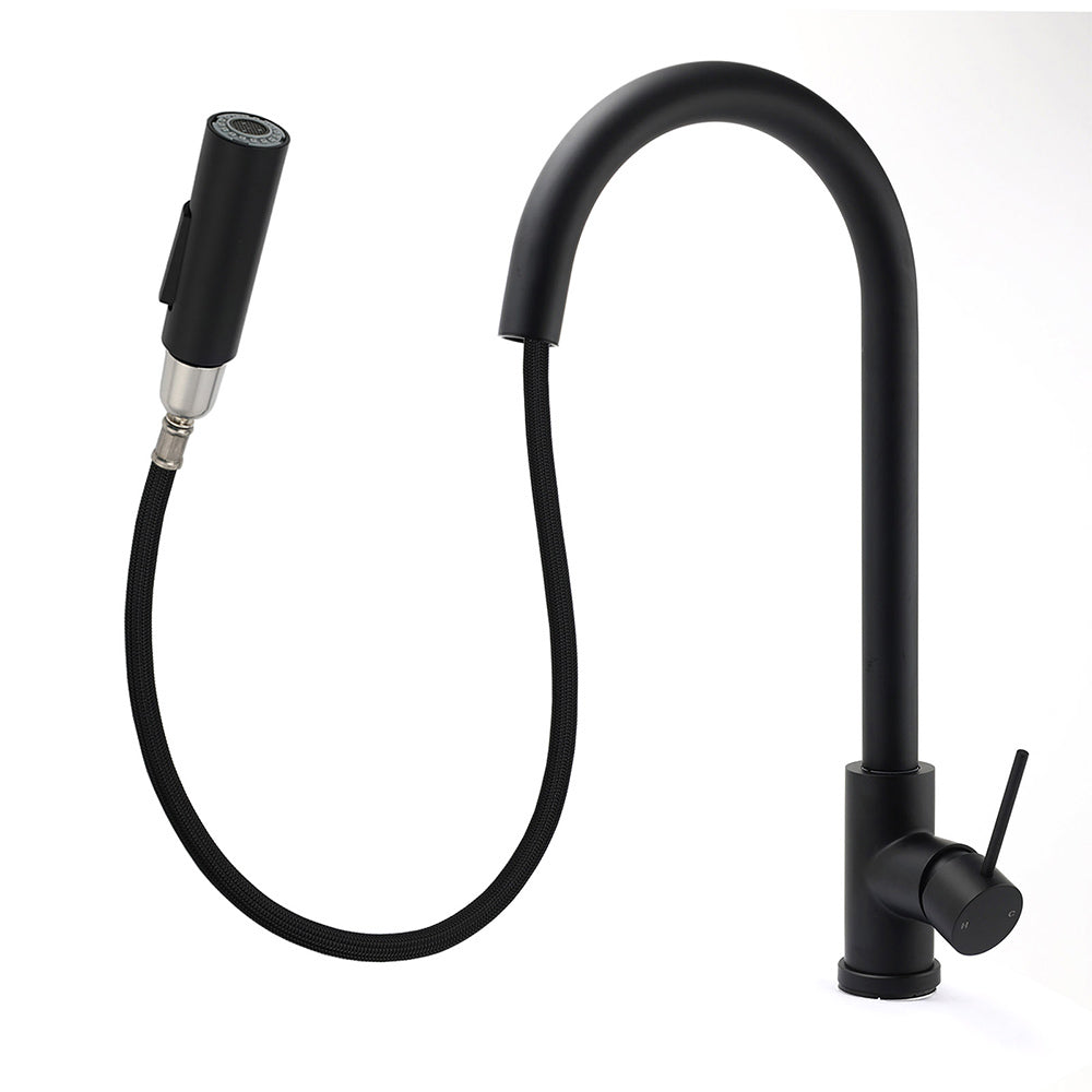 Matt Black Round Pull Out Down Kitchen Sink Tap Laundry Basin Mixer 2 Way Spout V1233-KRD519BL