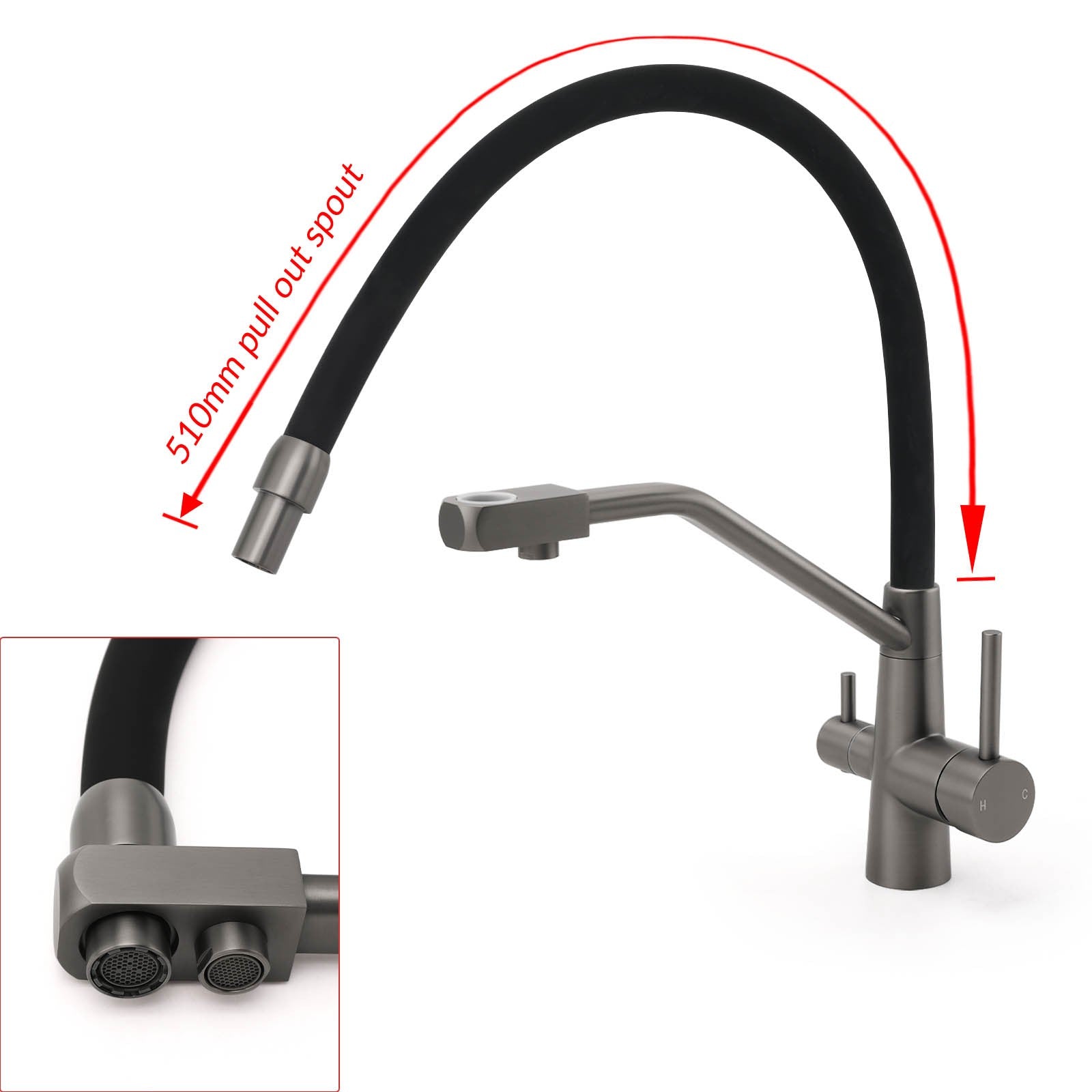 NEW Gun Metal Grey 3-Way Drink Pure Water Kitchen Mixer Pull Out Spout Sink Tap V1233-KRD526GM