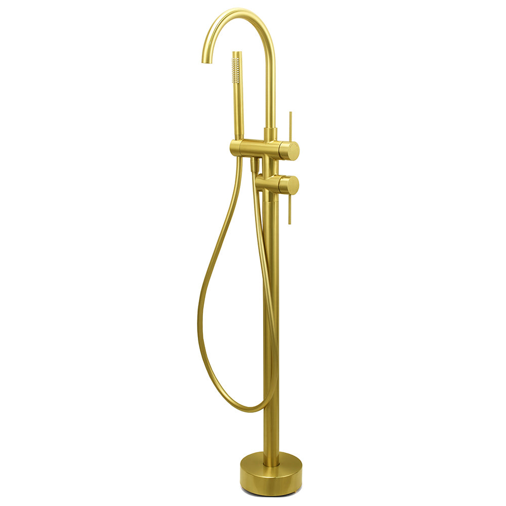 WELS Brushed Gold Bath Tub Mixer Tap Free Standing Faucet Spout Handheld Shower V1233-KRD602BG