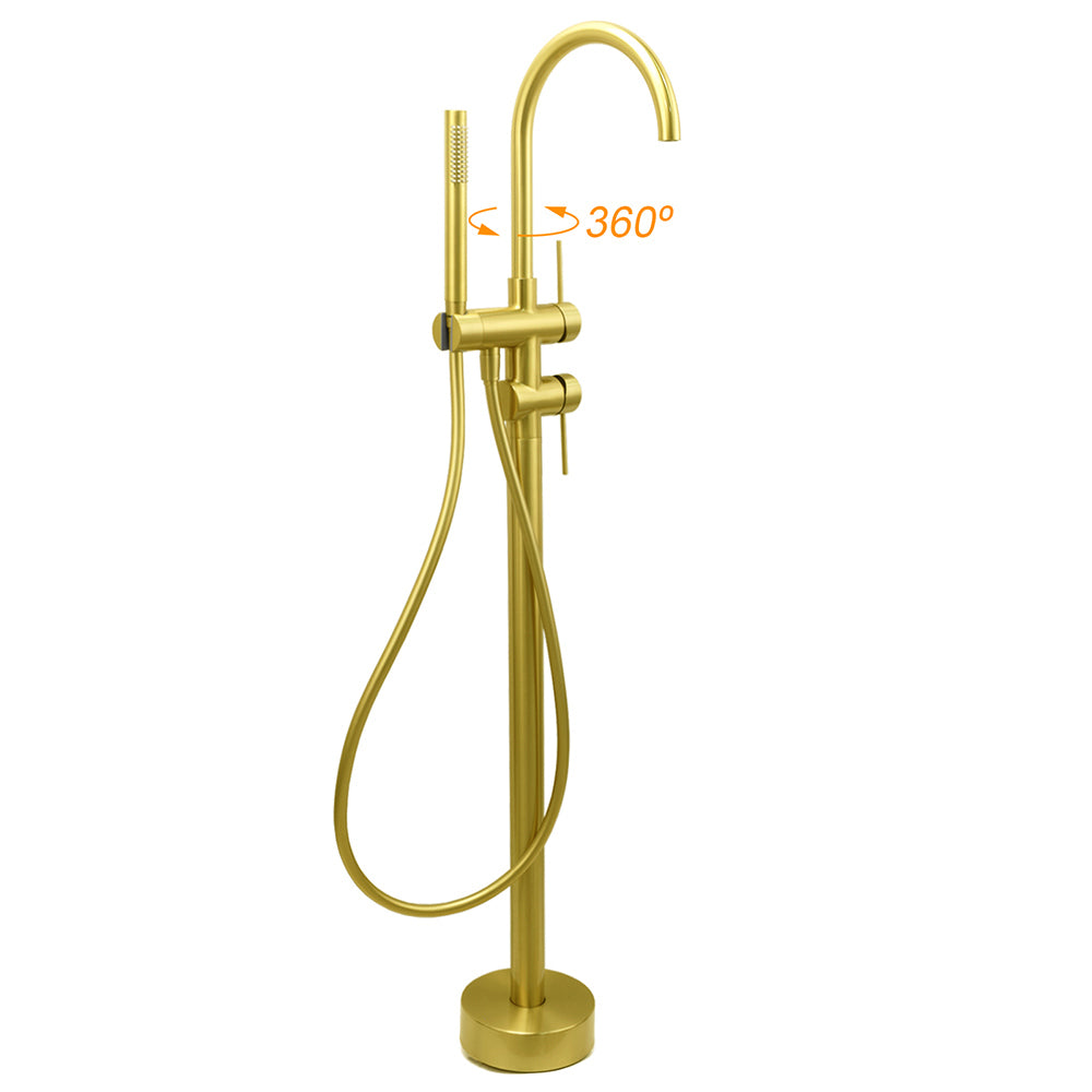 WELS Brushed Gold Bath Tub Mixer Tap Free Standing Faucet Spout Handheld Shower V1233-KRD602BG