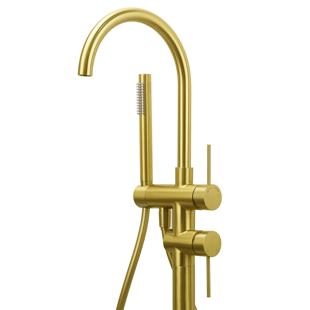 WELS Brushed Gold Bath Tub Mixer Tap Free Standing Faucet Spout Handheld Shower V1233-KRD602BG