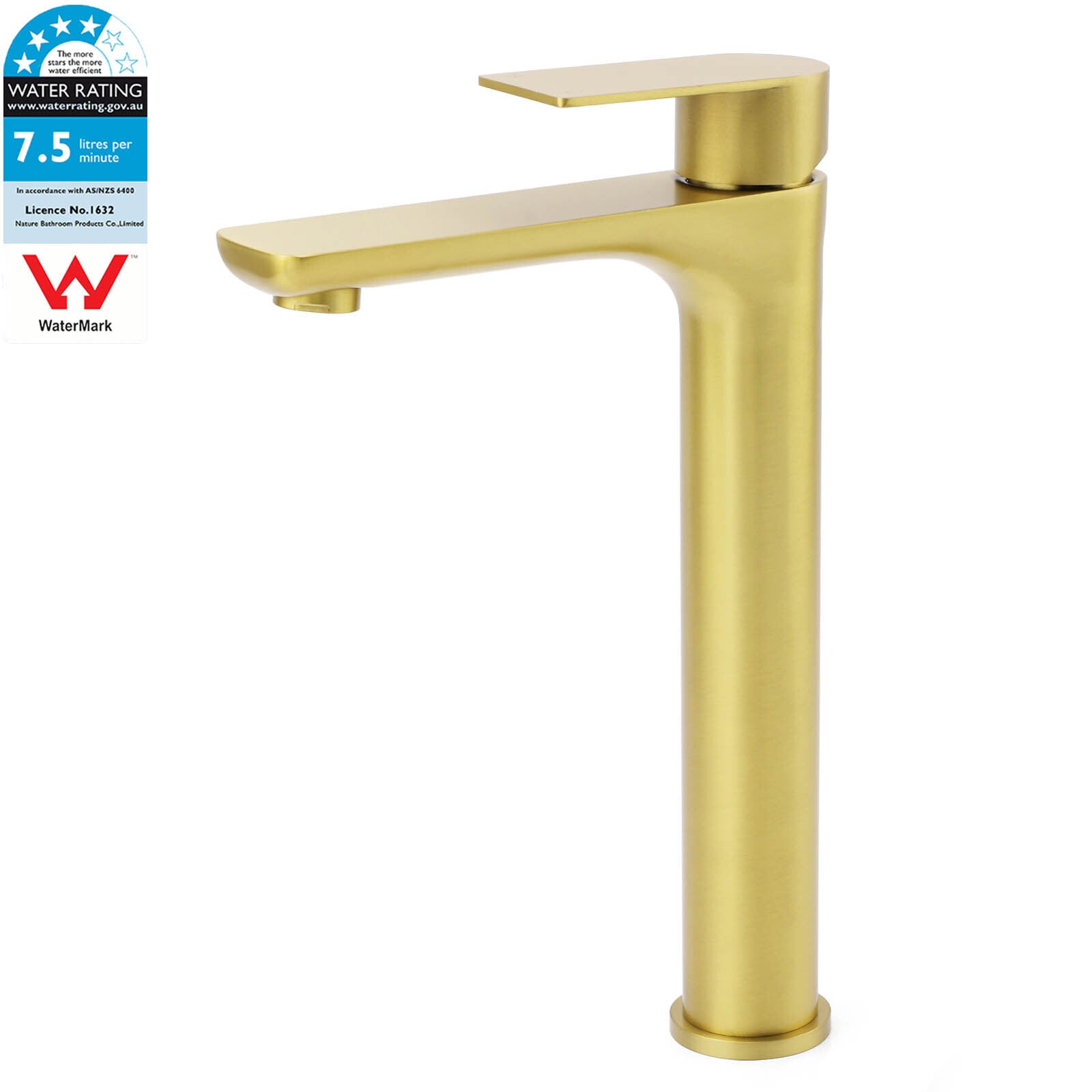 WELS Brushed Gold Round Tall Basin Mixer Bathroom Vanity Faucet Tap Lever Handle V1233-KRF102BG