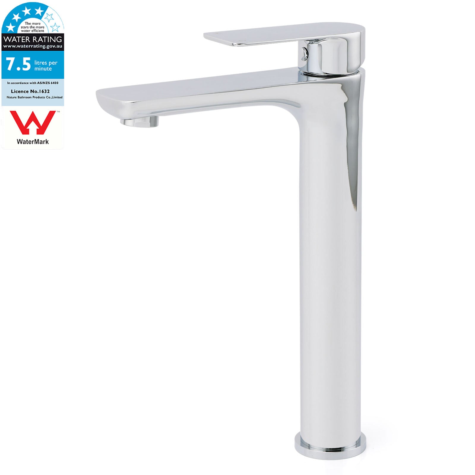 WELS Bathroom Chrome Round Tall Basin Mixer Vanity Faucet Laundry Counter Tap V1233-KRF102CR