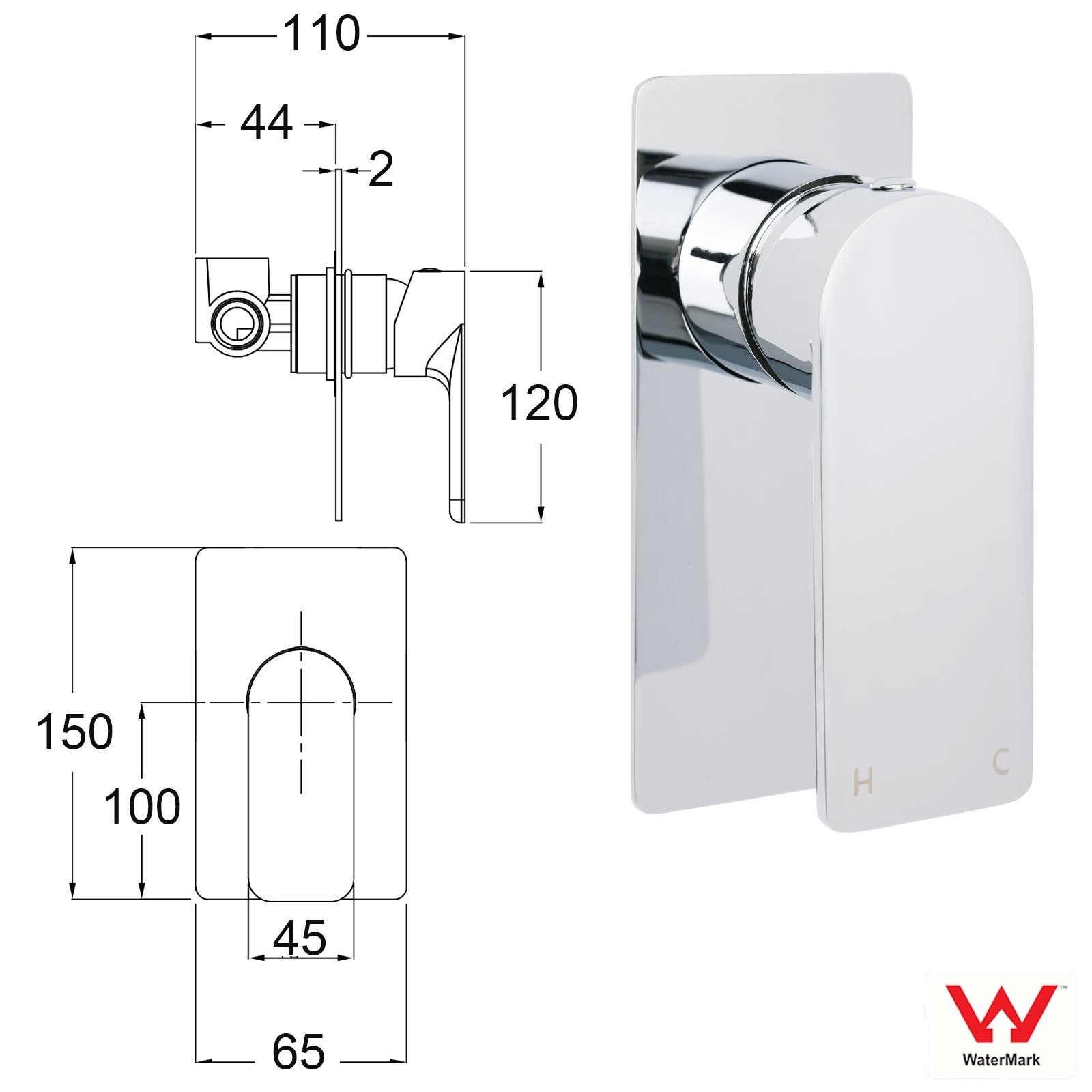 Chrome Square Lever Handle Shower Mixer Hot Cold Water Valve Watermark Standard V1233-KRS201CR