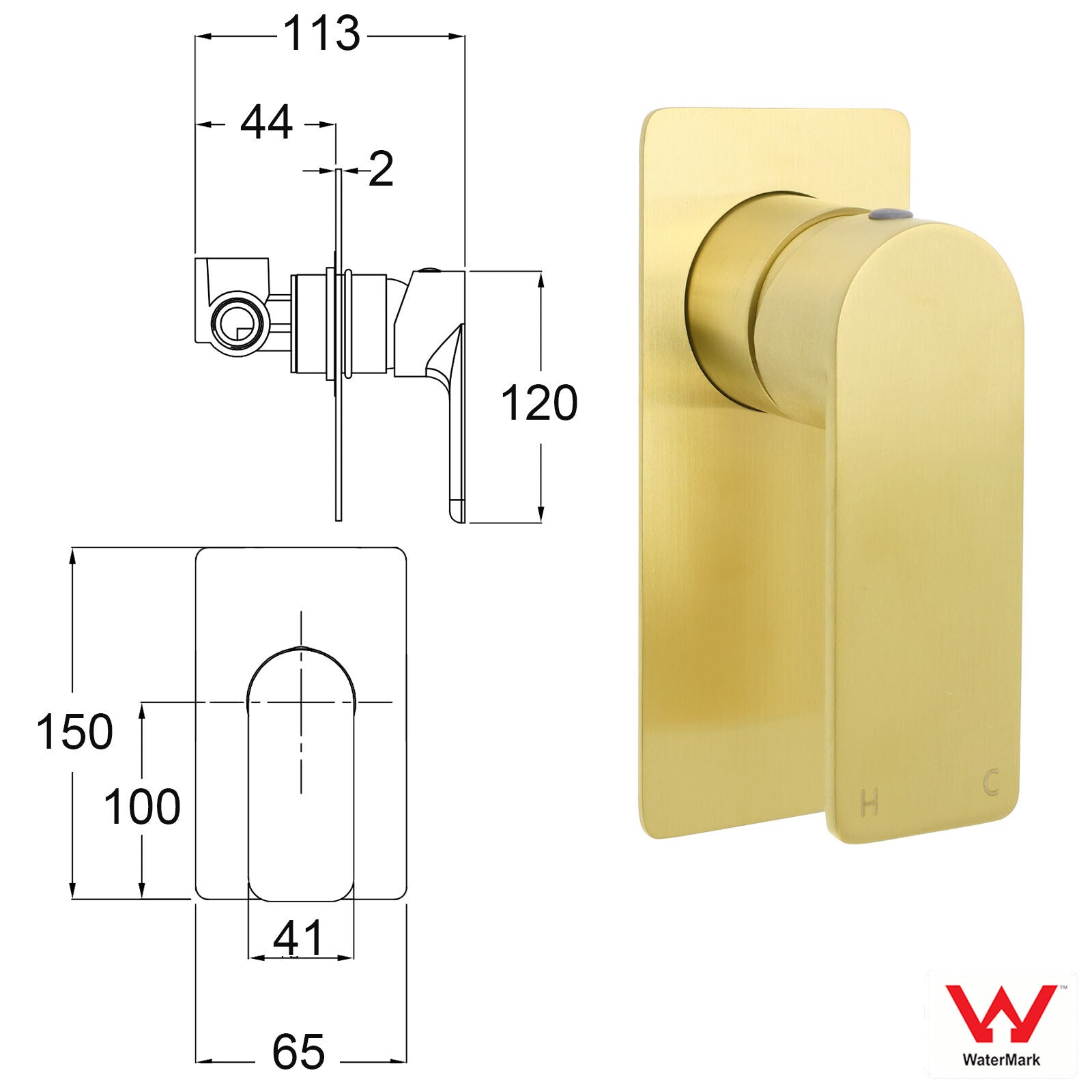 Rectangle Brushed Gold Shower Mixer Hot Cold Tapware Ceramic Cartridge Component V1233-KRS201G