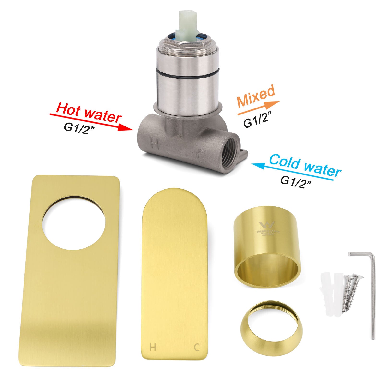 Rectangle Brushed Gold Shower Mixer Hot Cold Tapware Ceramic Cartridge Component V1233-KRS201G