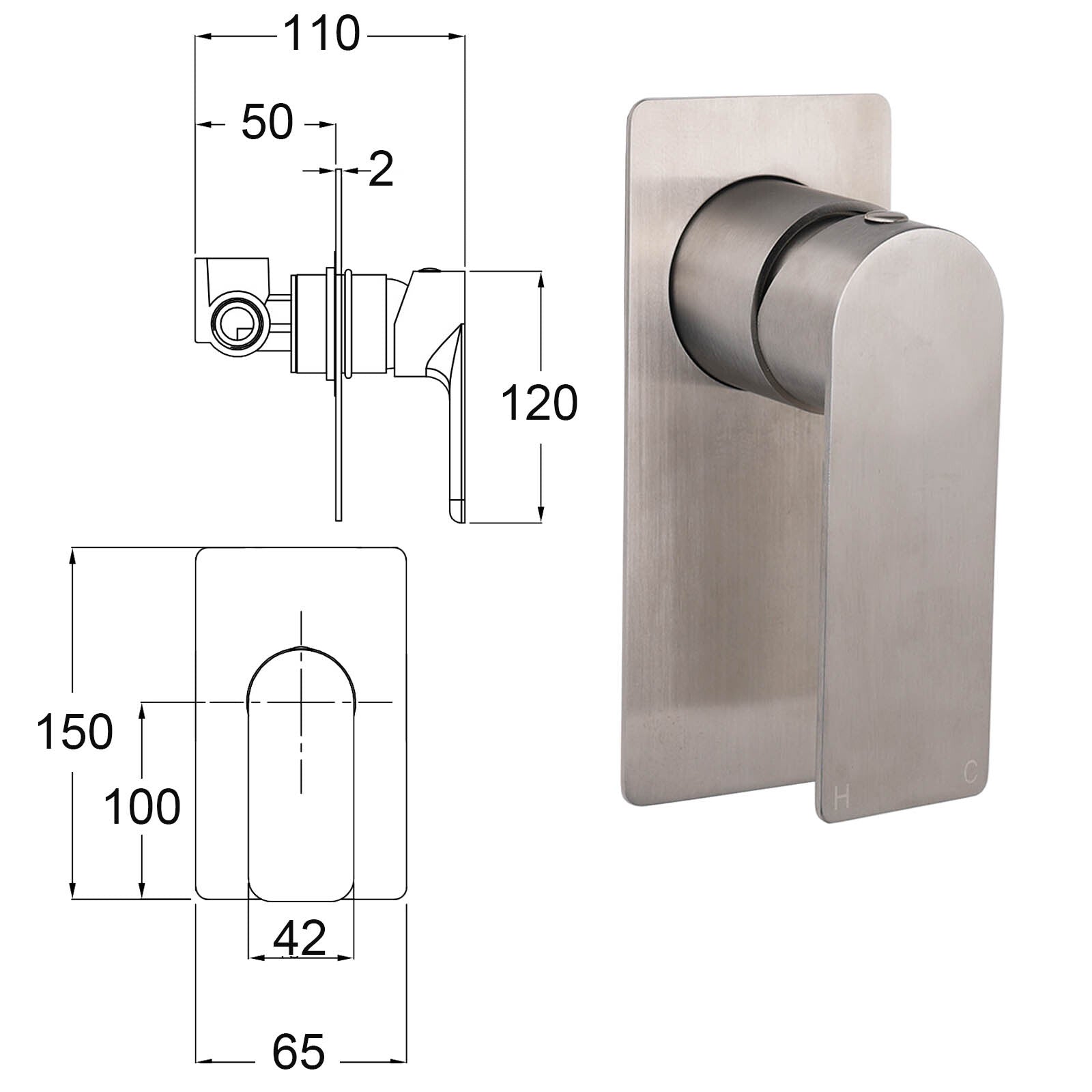 Brushed Nickel Bathroom Flat Lever Handle Shower Mixer Hot Cold Water Tap Valve V1233-KRS201N