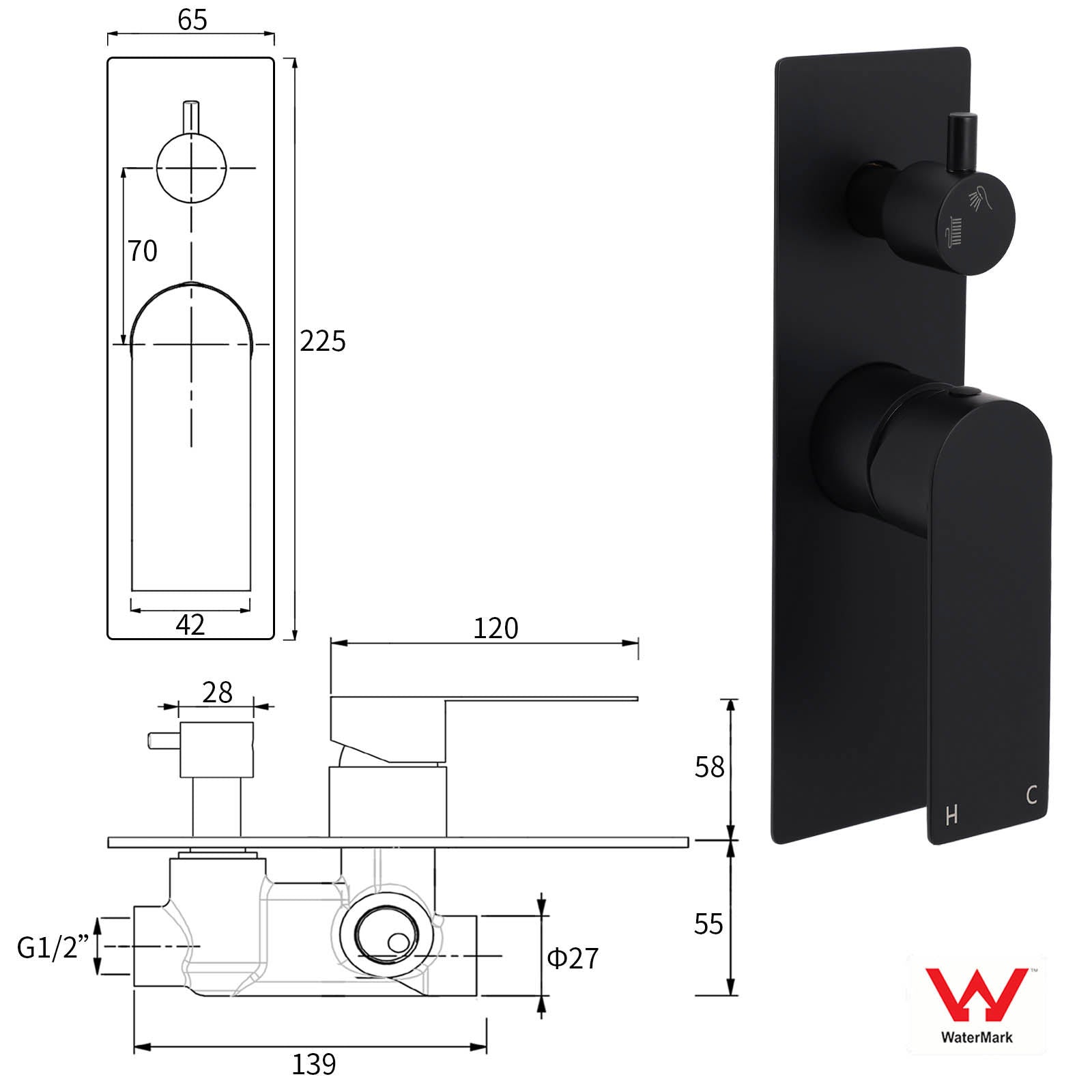 Watermark Matt Black Square Bathroom Shower Mixer 2-Way Control Switch Diverter V1233-KRS202B