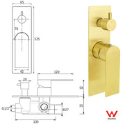 Brushed Gold Bathroom Square Concealed Shower Mixer Diverter Switch Wall Mounnt V1233-KRS202G