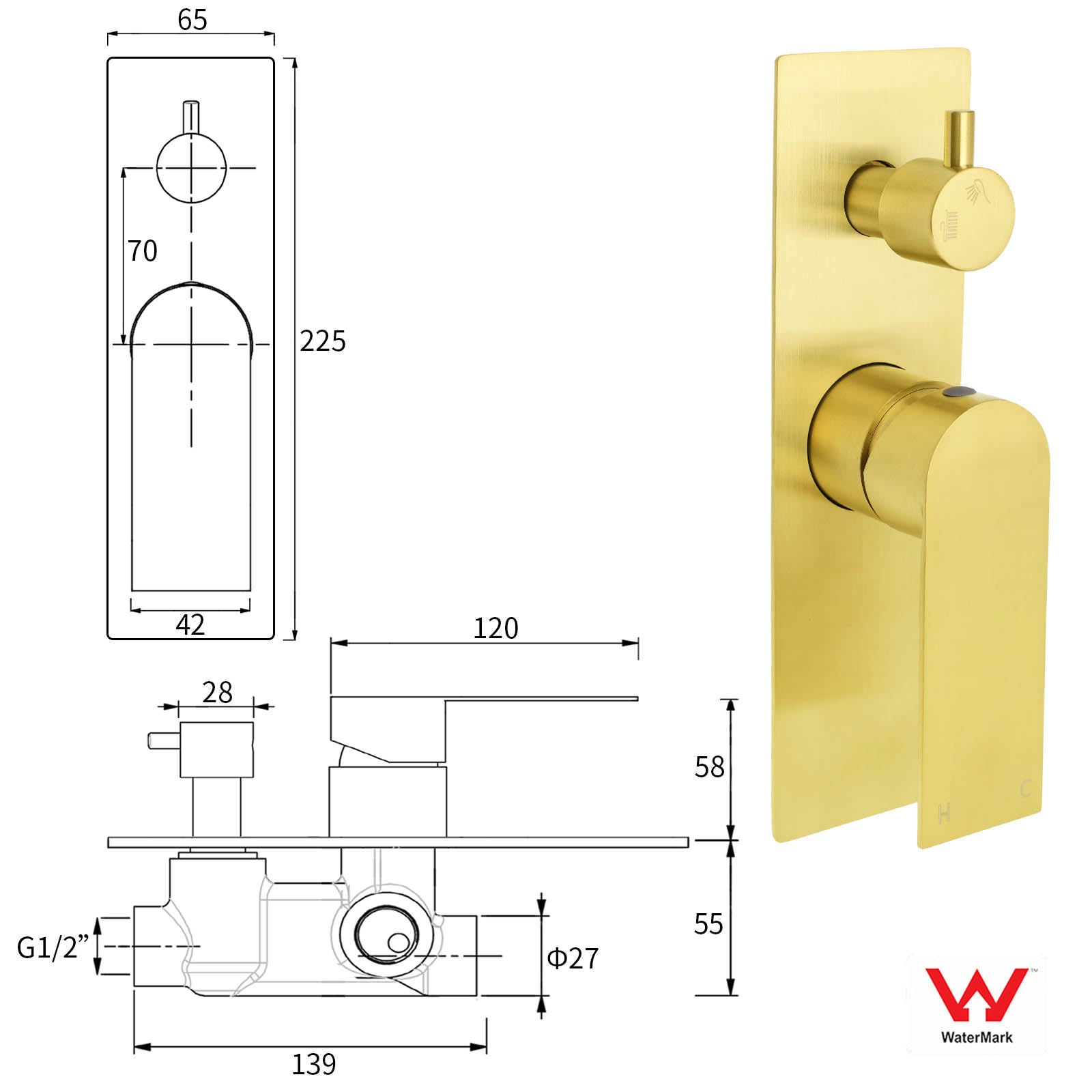 Brushed Gold Bathroom Square Concealed Shower Mixer Diverter Switch Wall Mounnt V1233-KRS202G