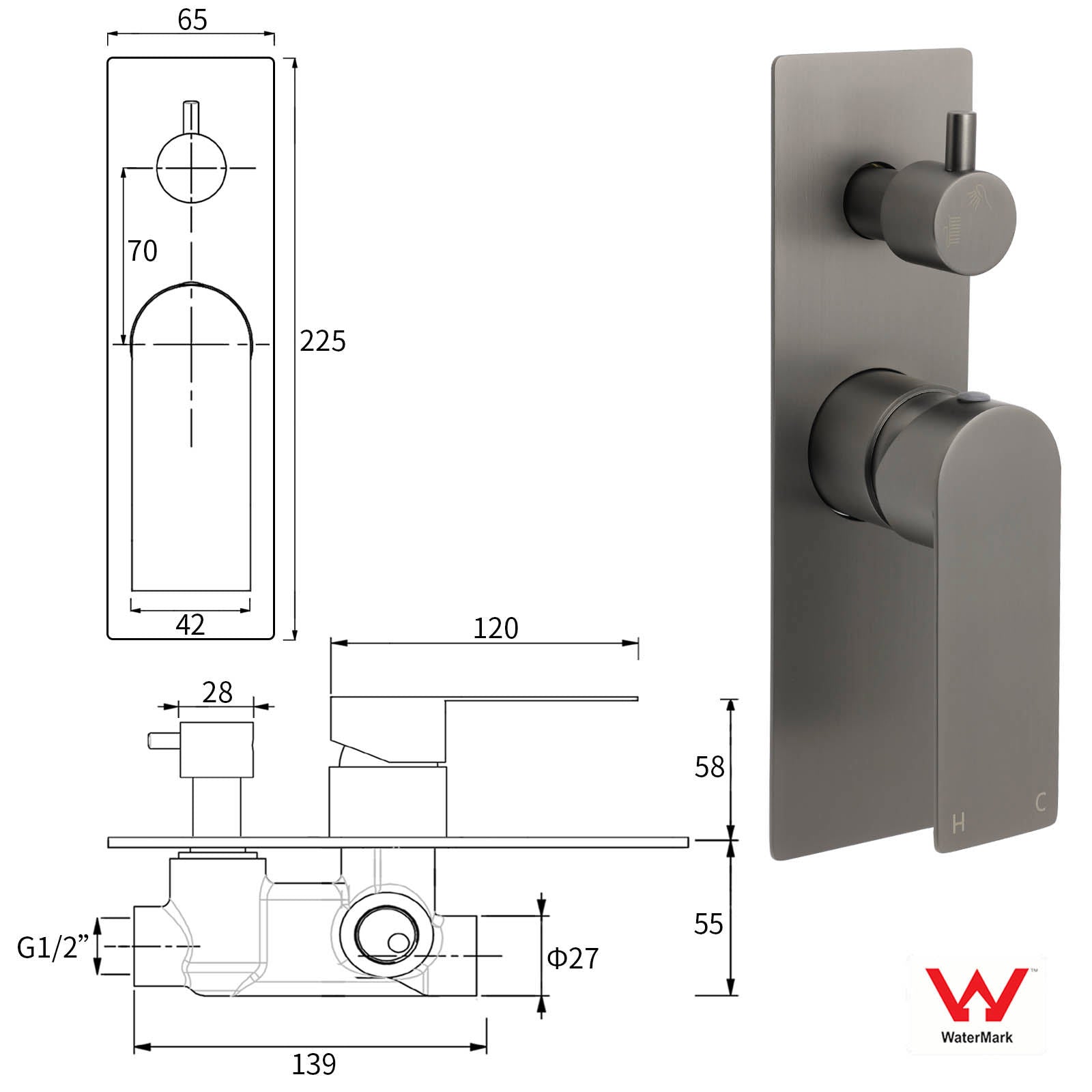 Gun Metal Grey Square Wall Mounted Shower Mixer Diverter 2 Ways Switch Valve Set V1233-KRS202GM