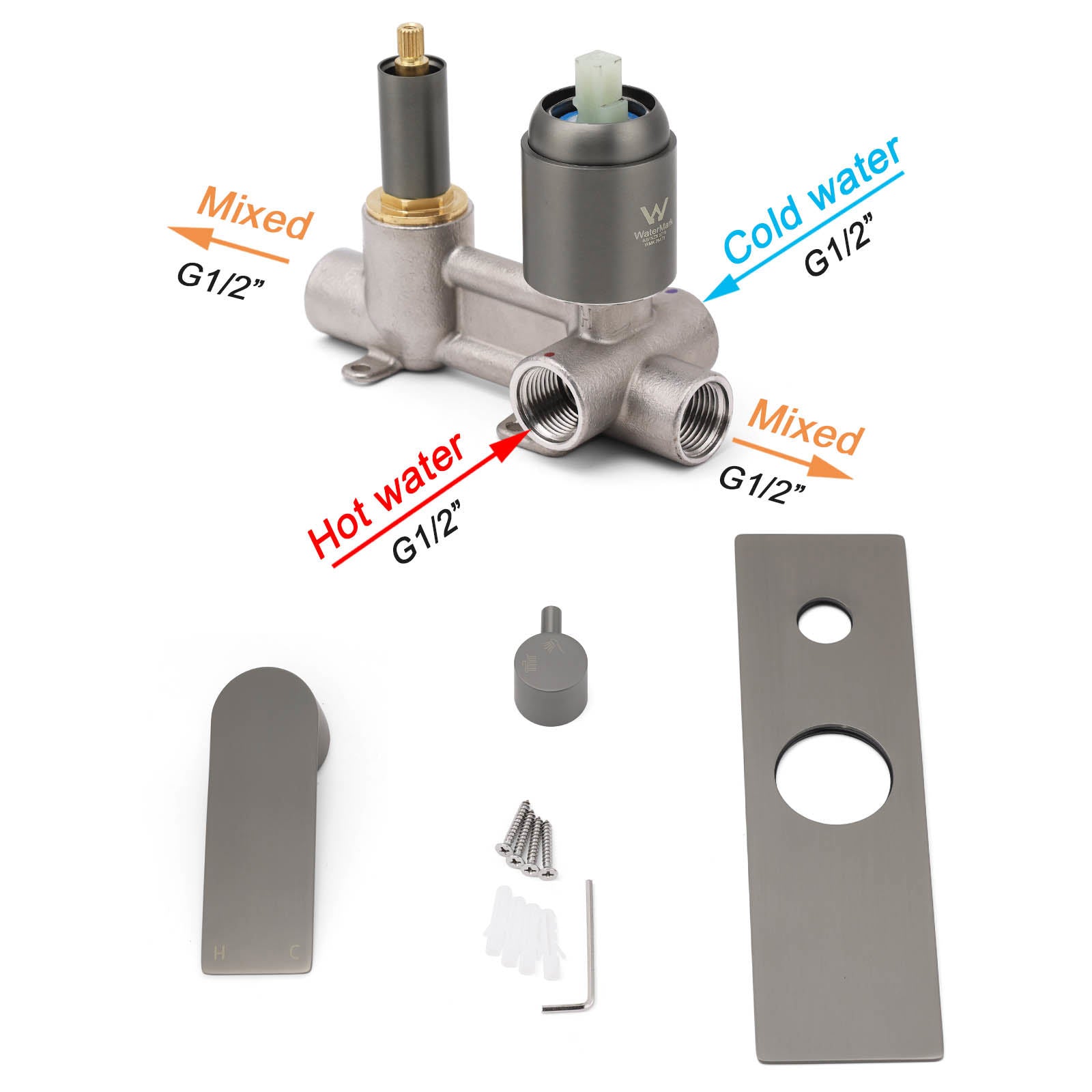 Gun Metal Grey Square Wall Mounted Shower Mixer Diverter 2 Ways Switch Valve Set V1233-KRS202GM