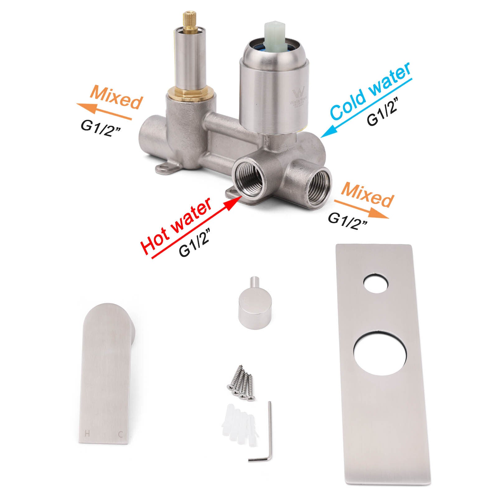 Brushed Nickel Silver Square Stylish 1/2inch Shower Mixer Diverter 2 Way Switch V1233-KRS202N