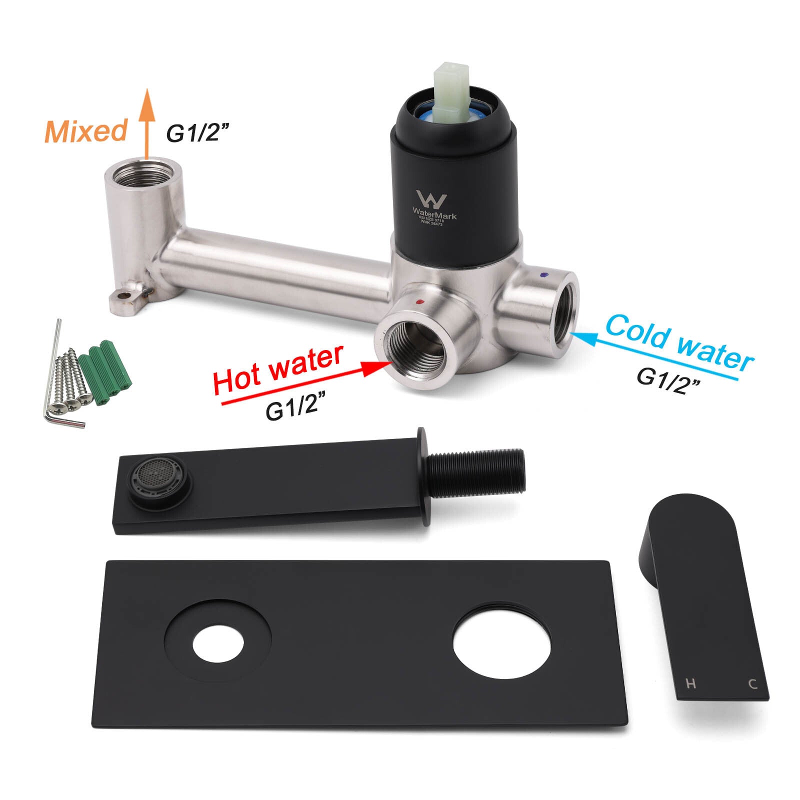 Matte Black Basin Mixer Bathroom Vanity Faucet Wall Mounted Tap Slim Flat Spout V1233-KRS301B
